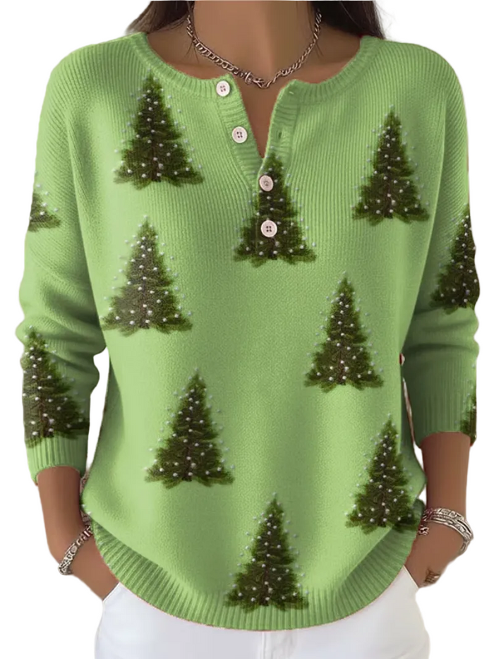 Women's Christmas Jumper with Button Placket and Tree Print