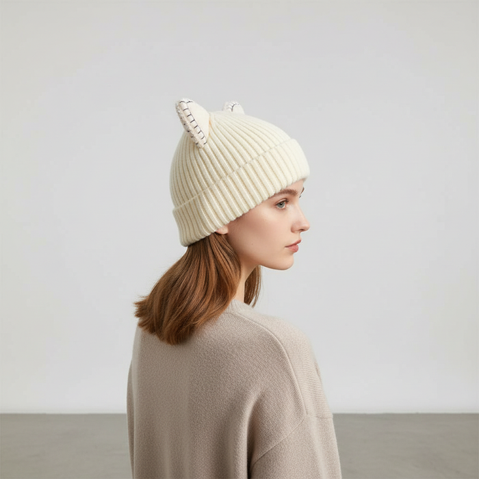 Ribbed Knit Beanie with Cat Ears for Winter