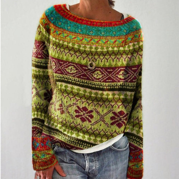 Women's Fair Isle Jumper with Crew Neck and Long Sleeves