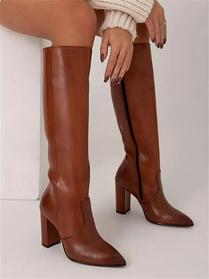 Women's Knee-High Boots Block Heel Pointed Toe Side Zip