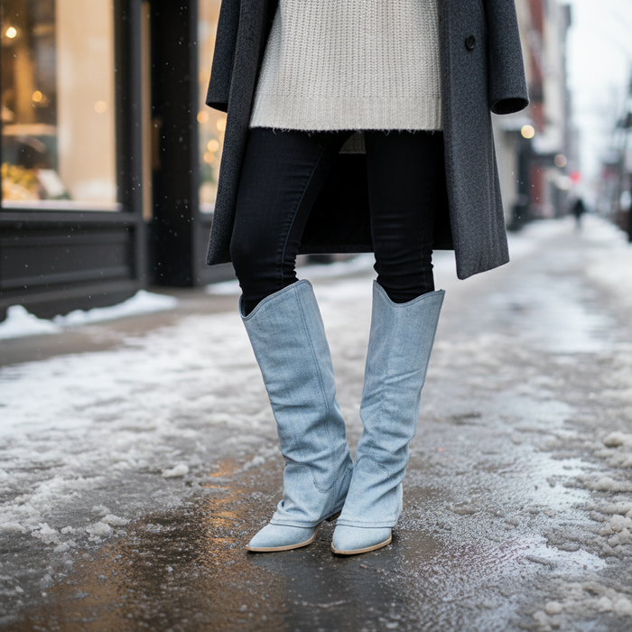 Women's Knee-High Denim-Look Boots with Pointed Toe