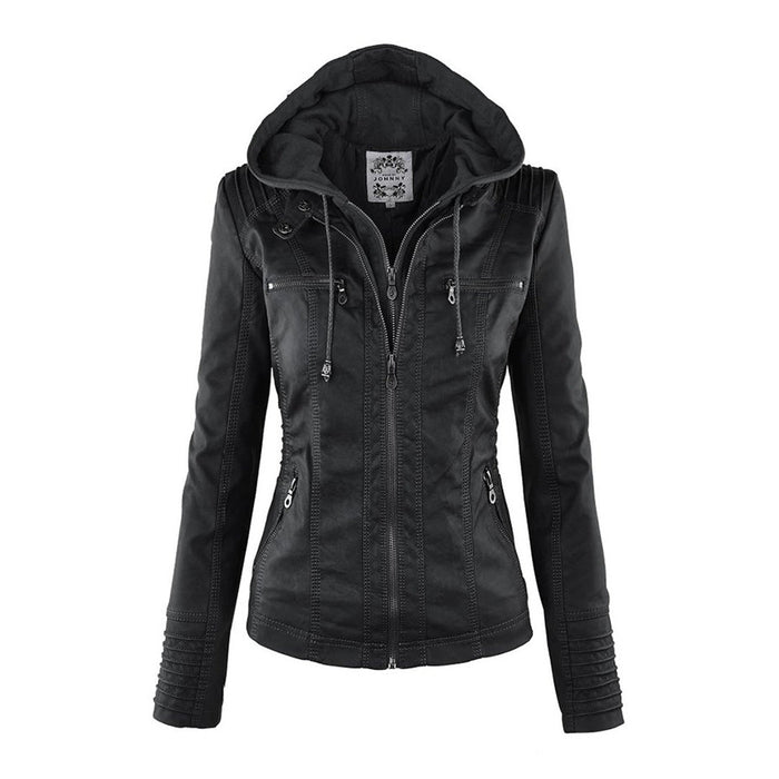 Women's Hooded Biker Jacket with Zip Front and Ribbed Sleeves