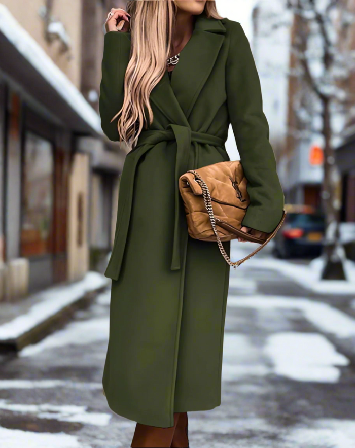 Women's Belted Wrap Coat with Notch Collar
