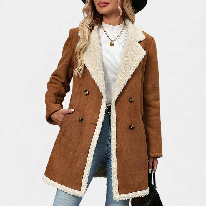 Women's Sherpa-Lined Longline Coat with Double-Breasted Front