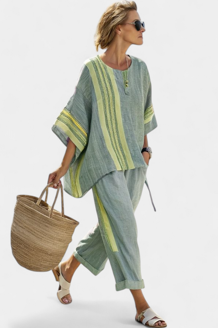 Elowric | Elegant Lavender Top &amp; Mustard Striped Trousers Sets