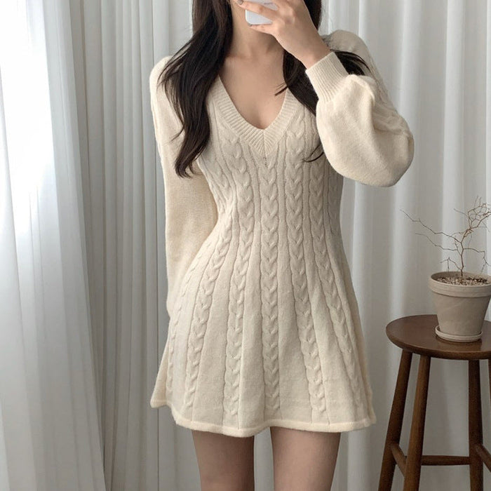 Women's Cable Knit V-Neck Dress Long Sleeve Fit & Flare