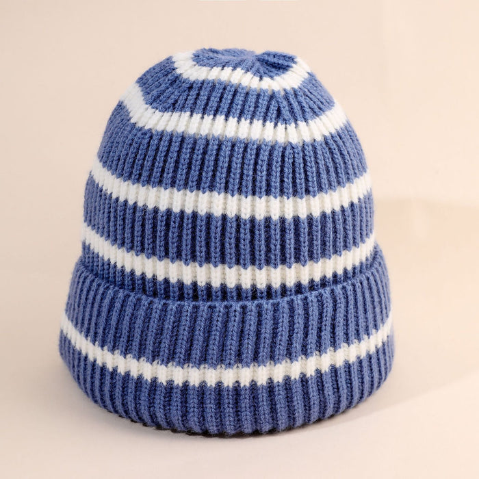 Women's Striped Ribbed Beanie with Turn-Up Cuff