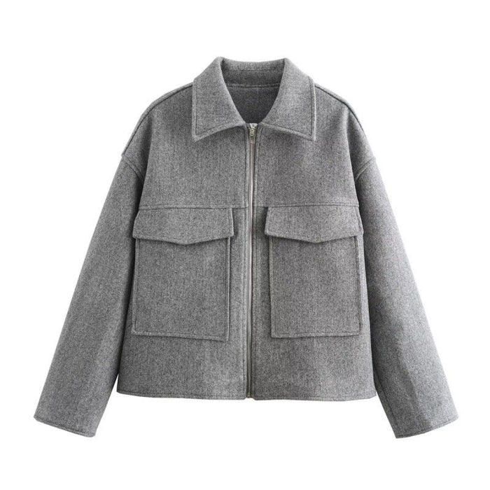 Women's Cropped Jacket with Chest Pockets and Zip Front