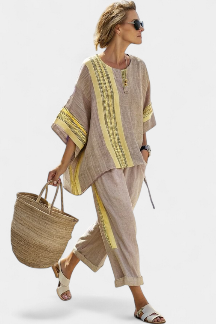 Elowric | Elegant Lavender Top &amp; Mustard Striped Trousers Sets