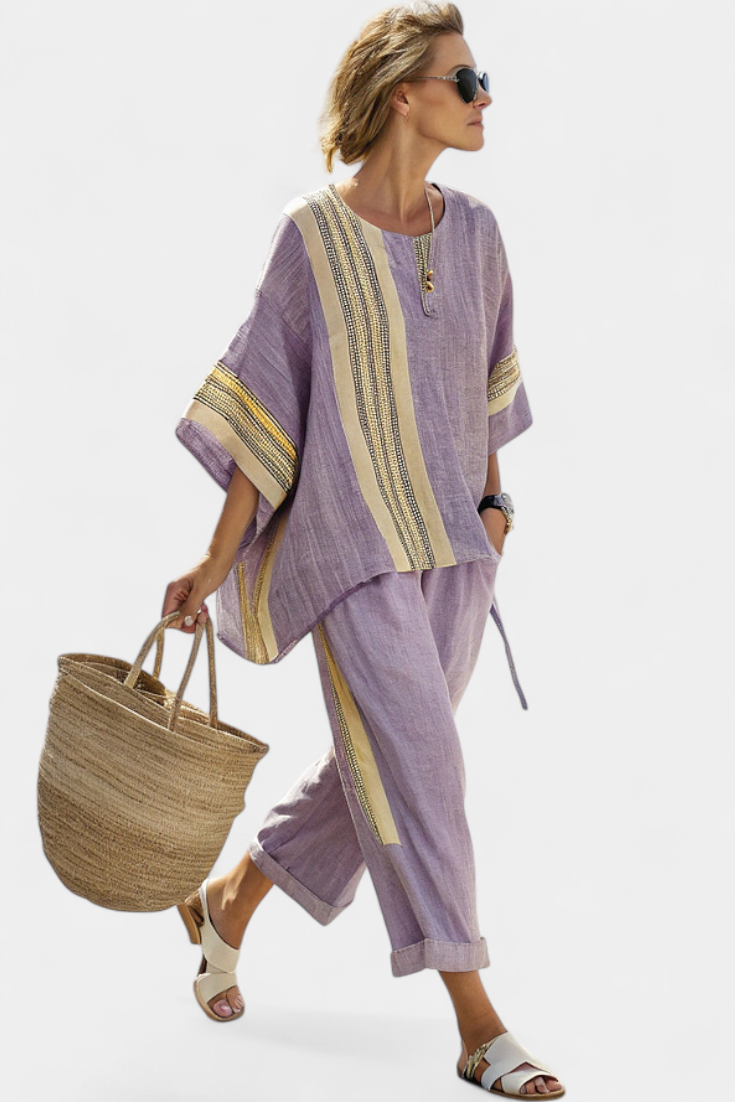Elowric | Elegant Lavender Top &amp; Mustard Striped Trousers Sets