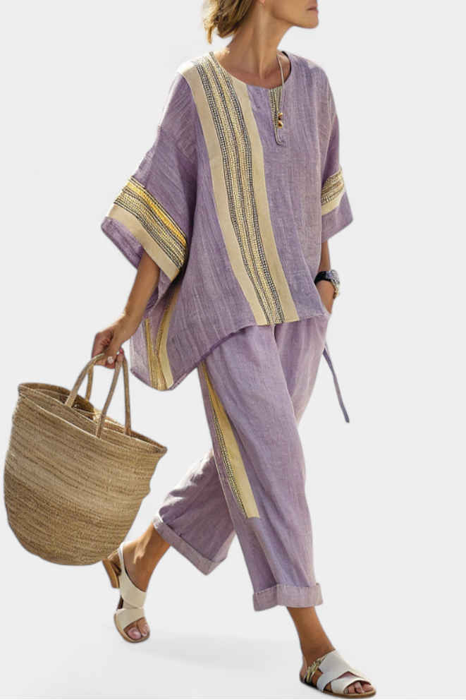 Elowric | Elegant Lavender Top &amp; Mustard Striped Trousers Sets