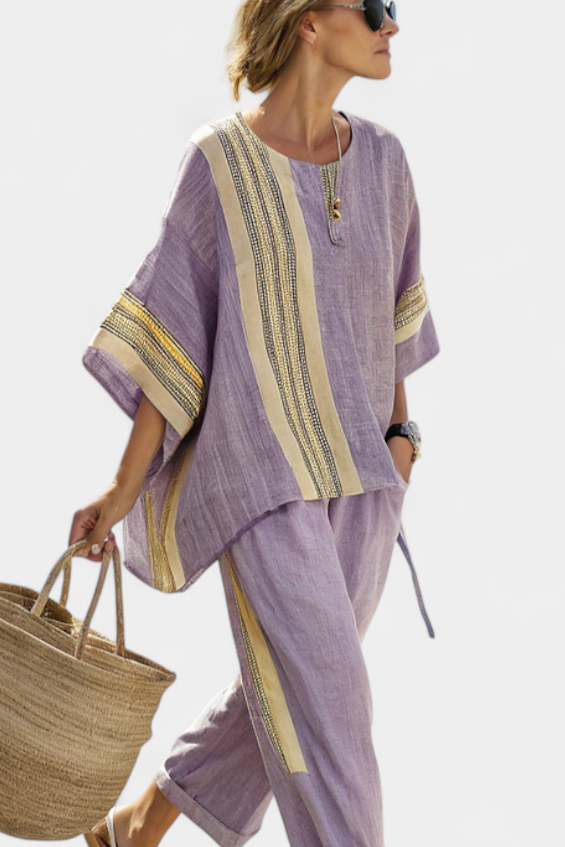 Elowric | Elegant Lavender Top &amp; Mustard Striped Trousers Sets
