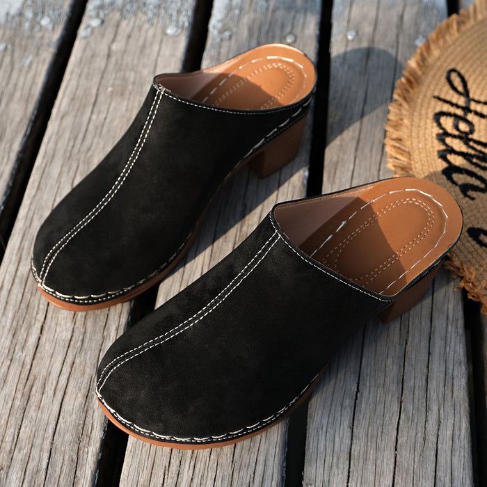 Women's Block Heel Slip-On Clogs with Contrast Stitching