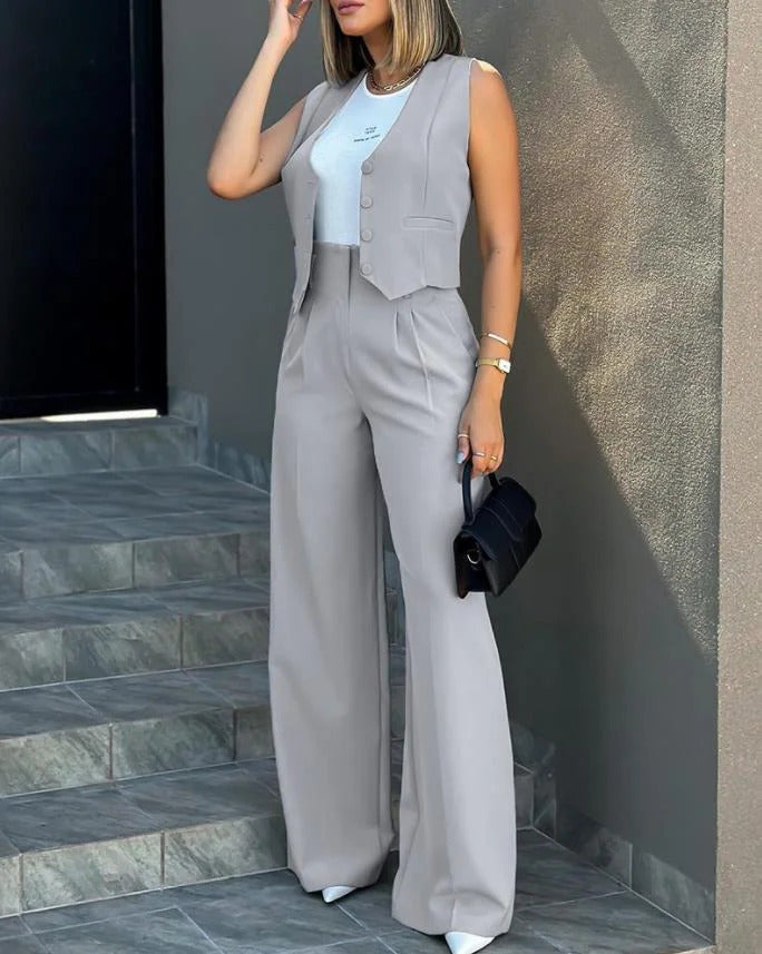 Women's Sleeveless Waistcoat and Wide-Leg Trouser Set