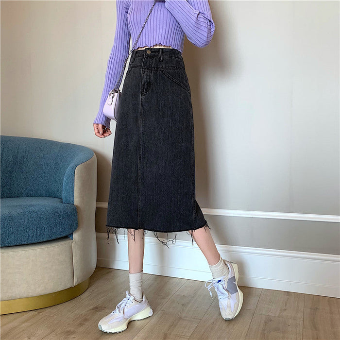 Women's Midi Denim Skirt with Front Slit and High Waist