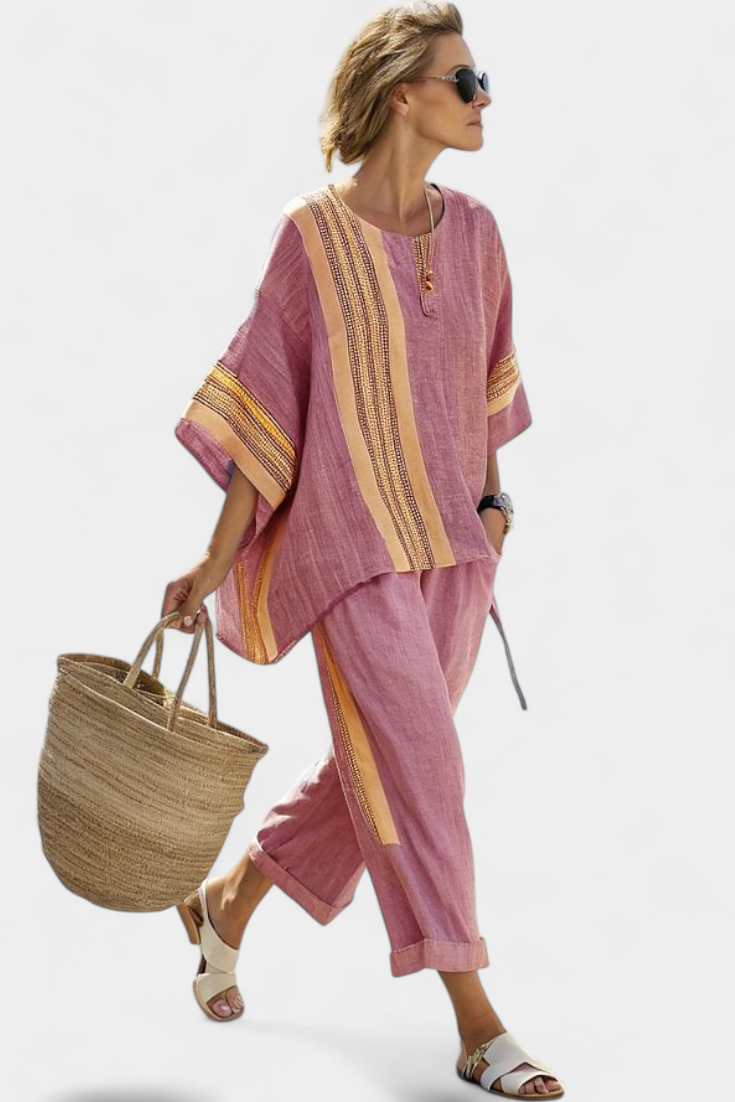 Elowric | Elegant Lavender Top &amp; Mustard Striped Trousers Sets