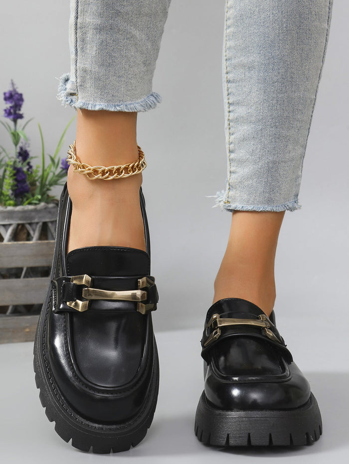 Women's Chunky Loafer Shoes with Lug Sole Metal Buckle