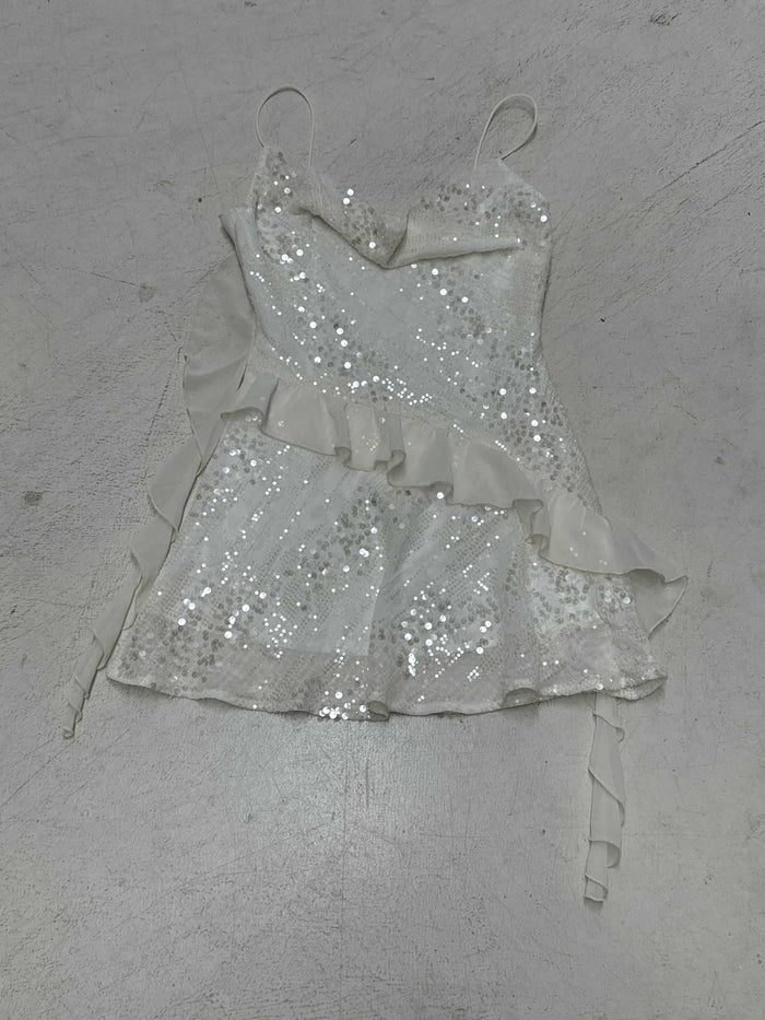 Women's Sequin Mini Dress with Ruffle Hem and Drape Neckline