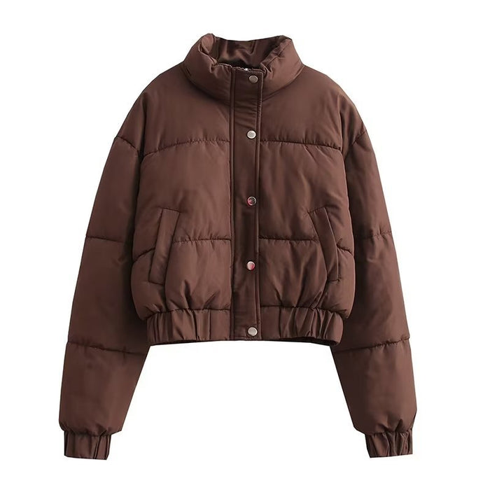 Women's Quilted Puffer Jacket with High Collar and Snap Front