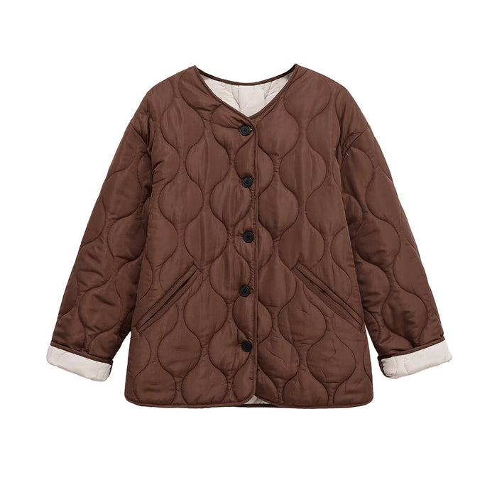 Women's Quilted Jacket with Button Front and V-Neck