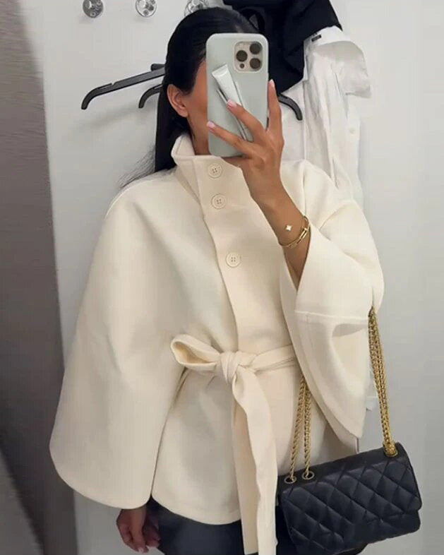 Women's Belted Short Coat with Stand Collar and Button Front
