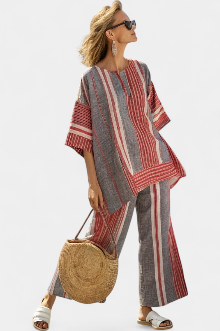Bravine | Elegant Coral-Gray Linen Top &amp; Wide-Leg Trousers