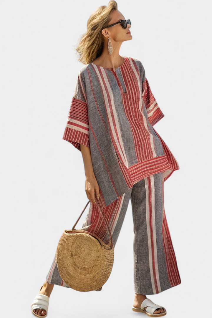 Bravine | Elegant Coral-Gray Linen Top &amp; Wide-Leg Trousers