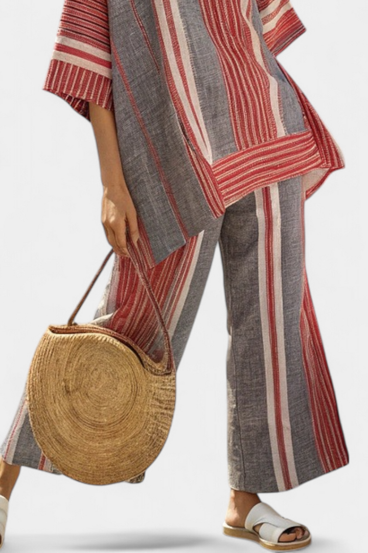 Bravine | Elegant Coral-Gray Linen Top &amp; Wide-Leg Trousers