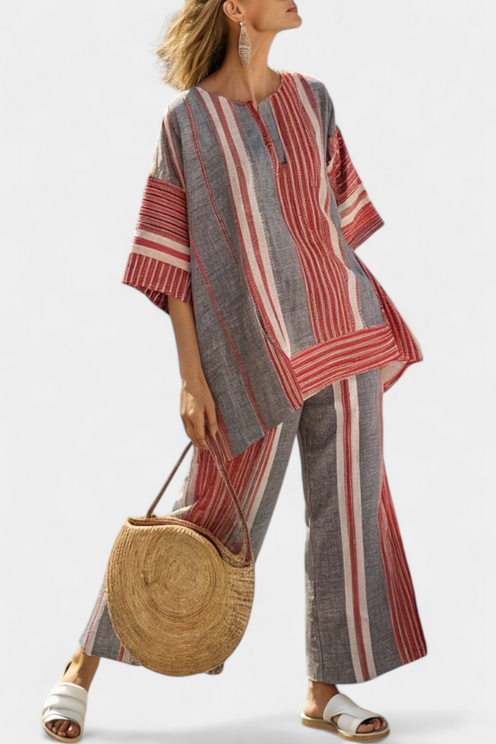 Bravine | Elegant Coral-Gray Linen Top &amp; Wide-Leg Trousers