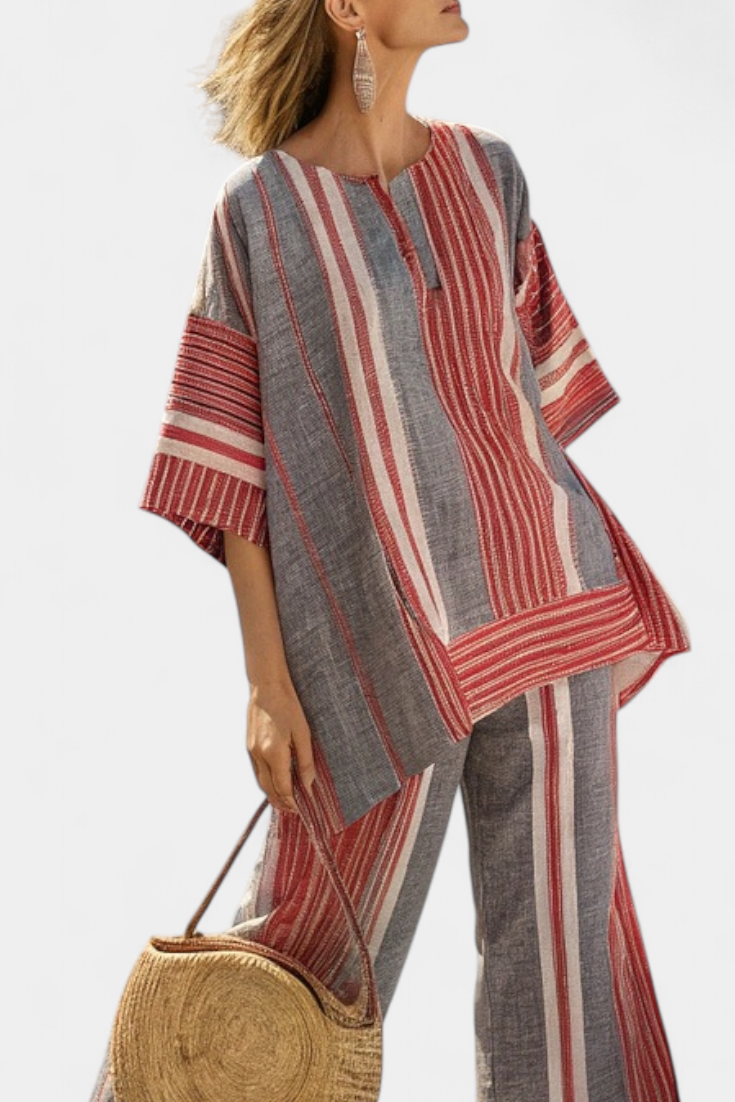 Bravine | Elegant Coral-Gray Linen Top &amp; Wide-Leg Trousers