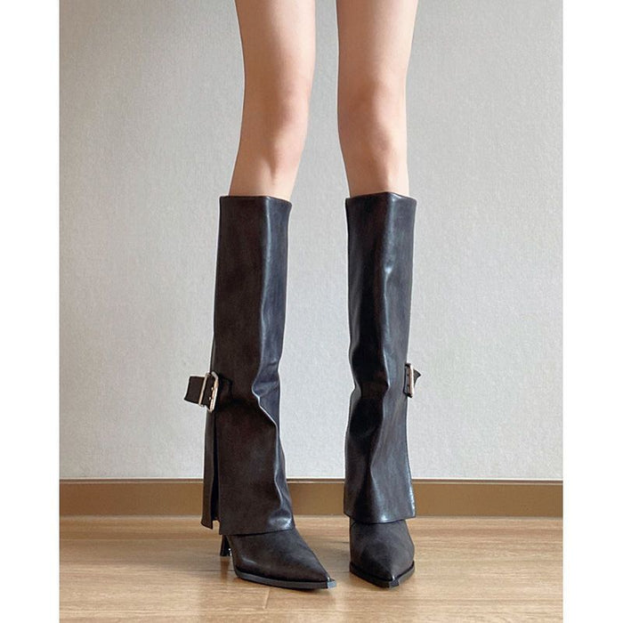 Women's Knee-High Pointed Boots with Side Buckle Detail