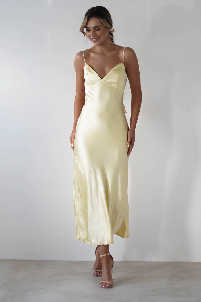 Women's Satin Slip Midi Dress with V-Neck and Spaghetti Straps