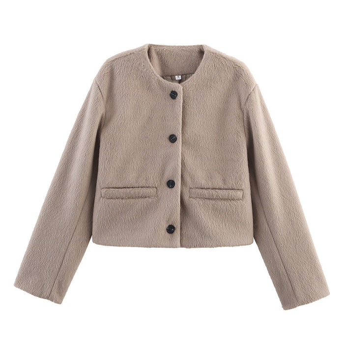 Women's Teddy Jacket with Round Neck and Patch Pockets