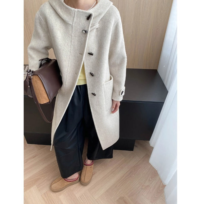 Women's Hooded Wool Coat with Toggle Buttons