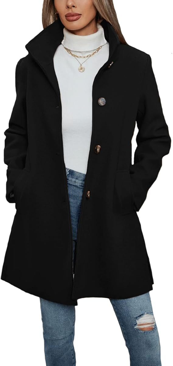 Women's Button-Front Coat with High Collar and Pockets