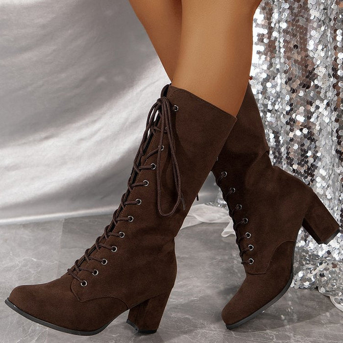 Women's Lace-Up Knee-High Boots with Block Heel