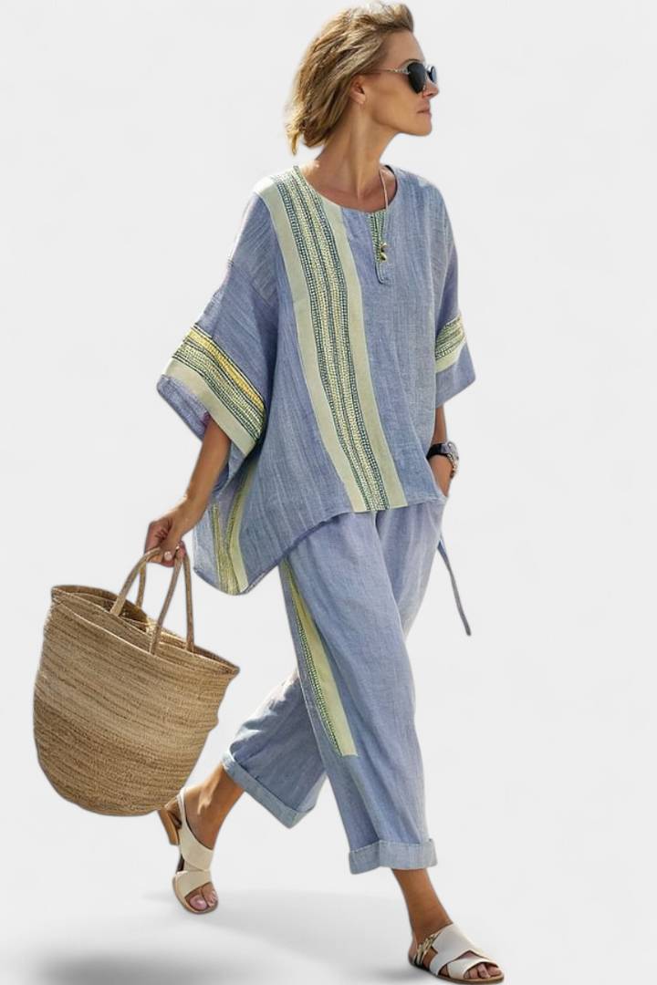Elowric | Elegant Lavender Top &amp; Mustard Striped Trousers Sets