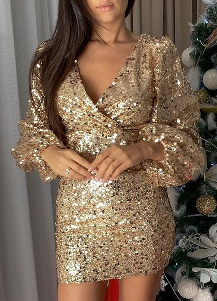 Women's Sequin Mini Dress with V-Neck and Puff Sleeves