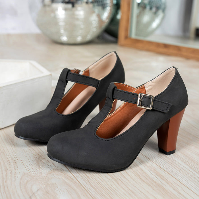 Women's T-Strap Court Shoes with Block Heel and Buckle