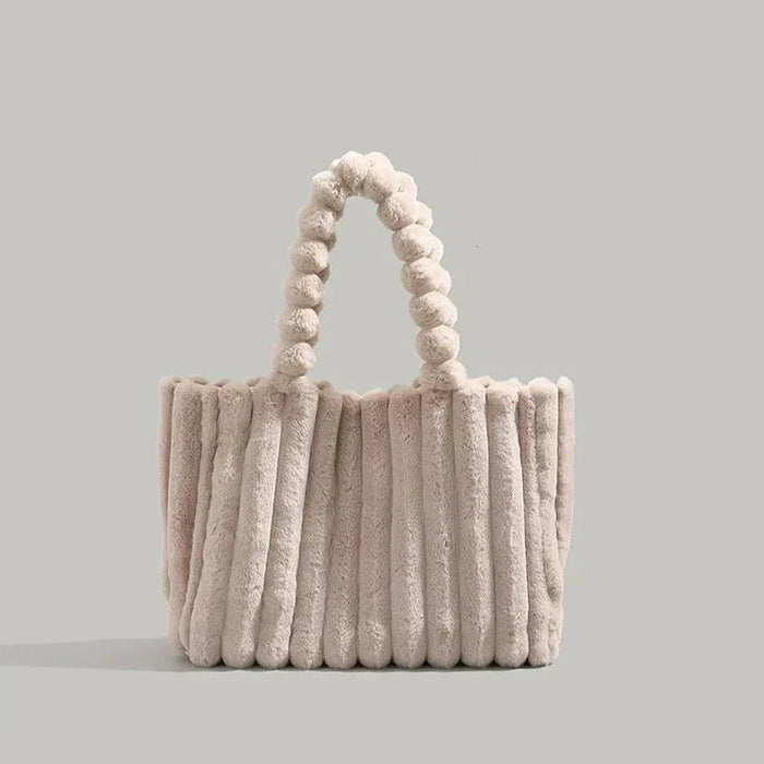 Women's Plush Beaded Handle Handbag Soft Ribbed Tote