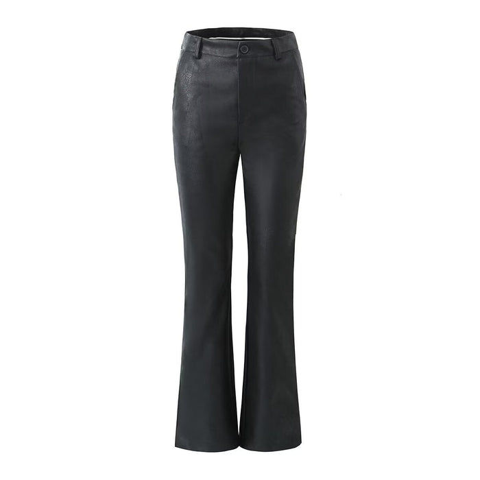 Women's Flared Faux Leather Trousers High-Waisted