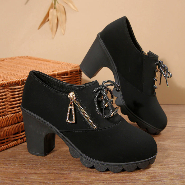 Women's Lace-Up Ankle Boots with Block Heel and Zip Detail