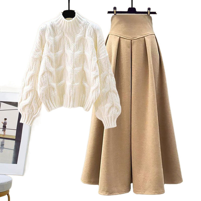 Women's Cable-Knit Jumper and Pleated Midi Skirt Set