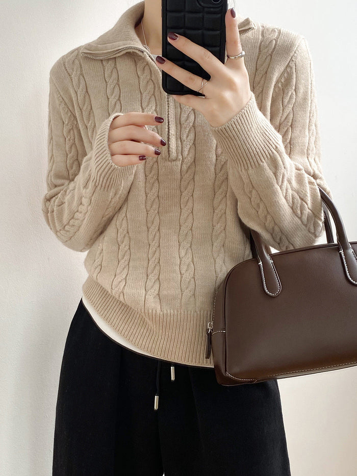 Women's Cable-Knit Zip-Up Jumper with Stand Collar