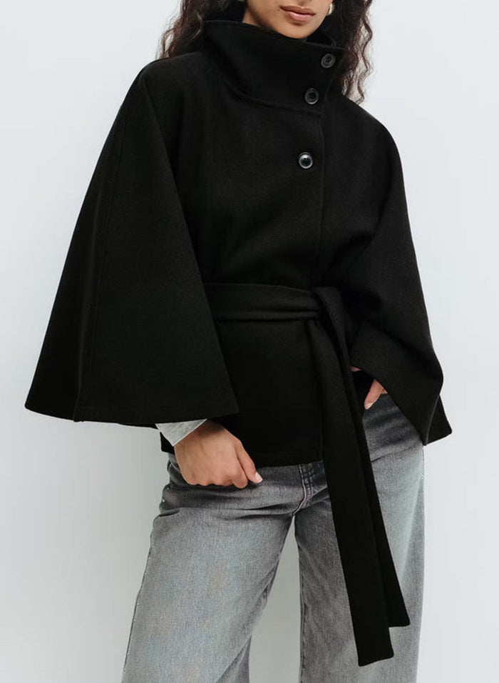 Women's Cape Coat with Funnel Neck and Tie Belt