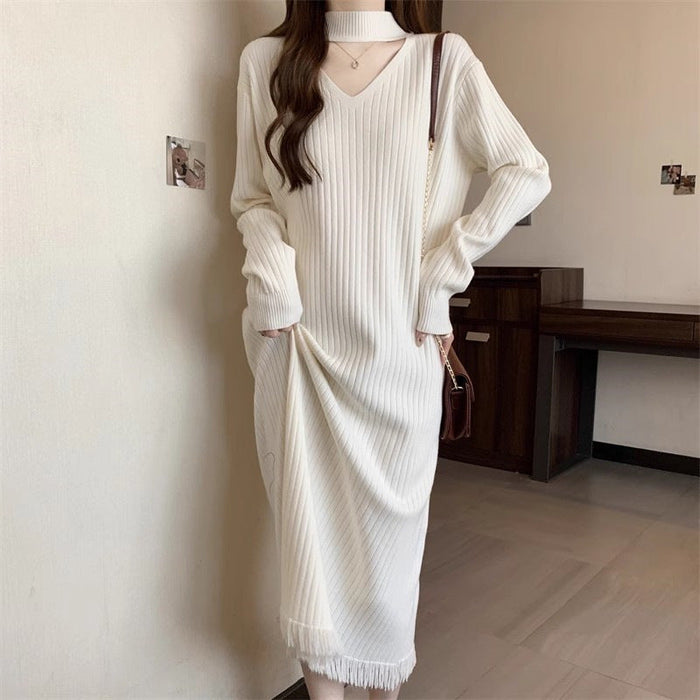 Women's Ribbed Knit Midi Dress V-Neck with Fringe Hem