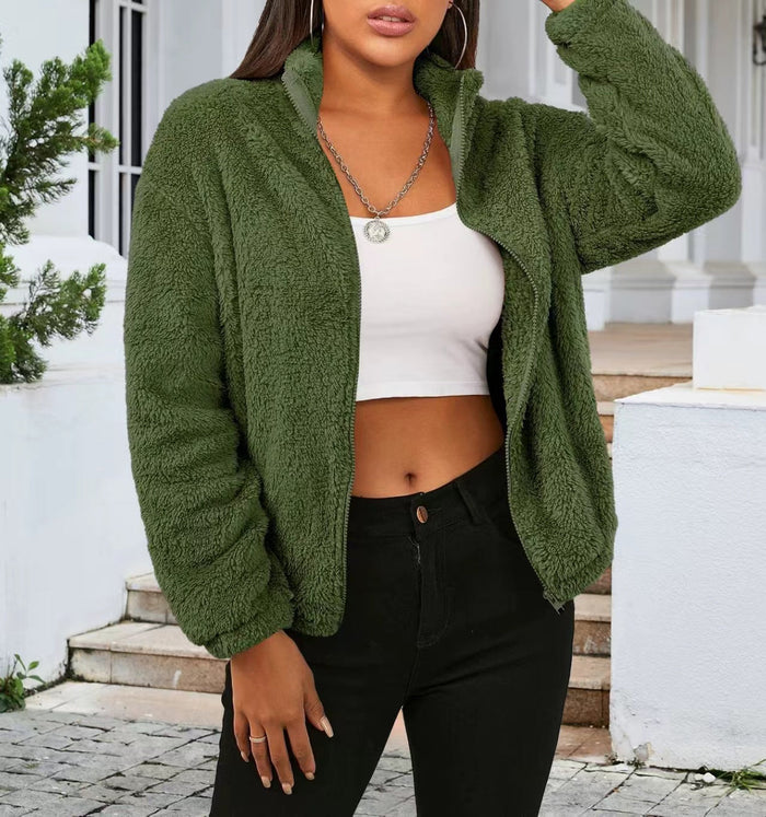Women's Oversized Teddy Fleece Jacket with High Collar