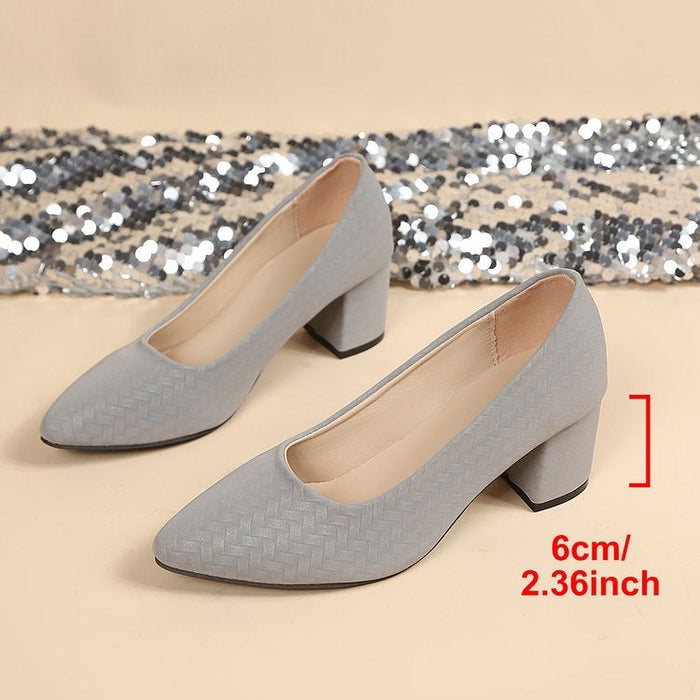 Women's Pointed Court Shoes with Block Heel and Textured Weave