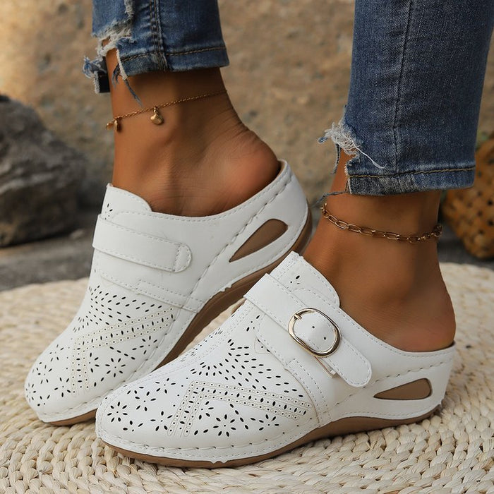 Women's Perforated Slip-On Mules with Adjustable Strap