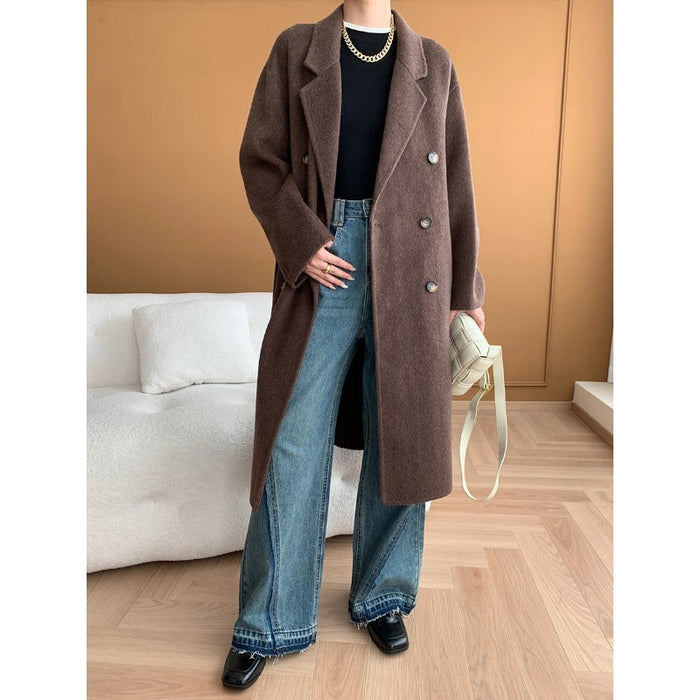 Women's Double-Breasted Wool Coat with Notched Collar